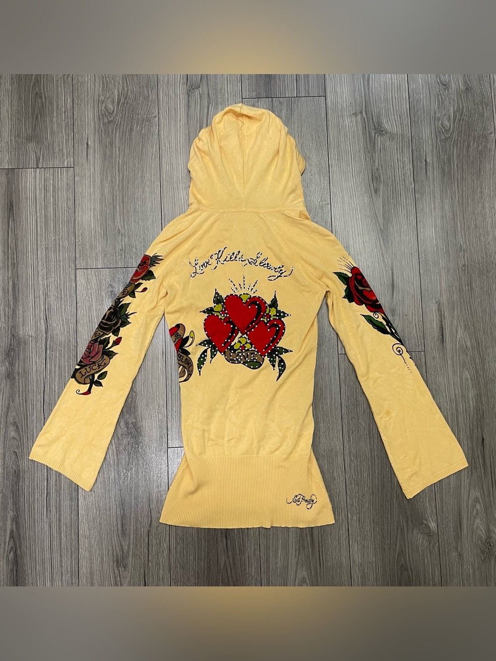 Ed Hardy Yellow Pullover Hoodie Love Kills Slowly Rose Graphic Rhinestone Women